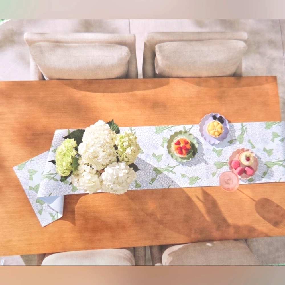 New SDS for HD Designs Lintex Hydrangea Table Runner 13" W x 72" L 100% cotton.